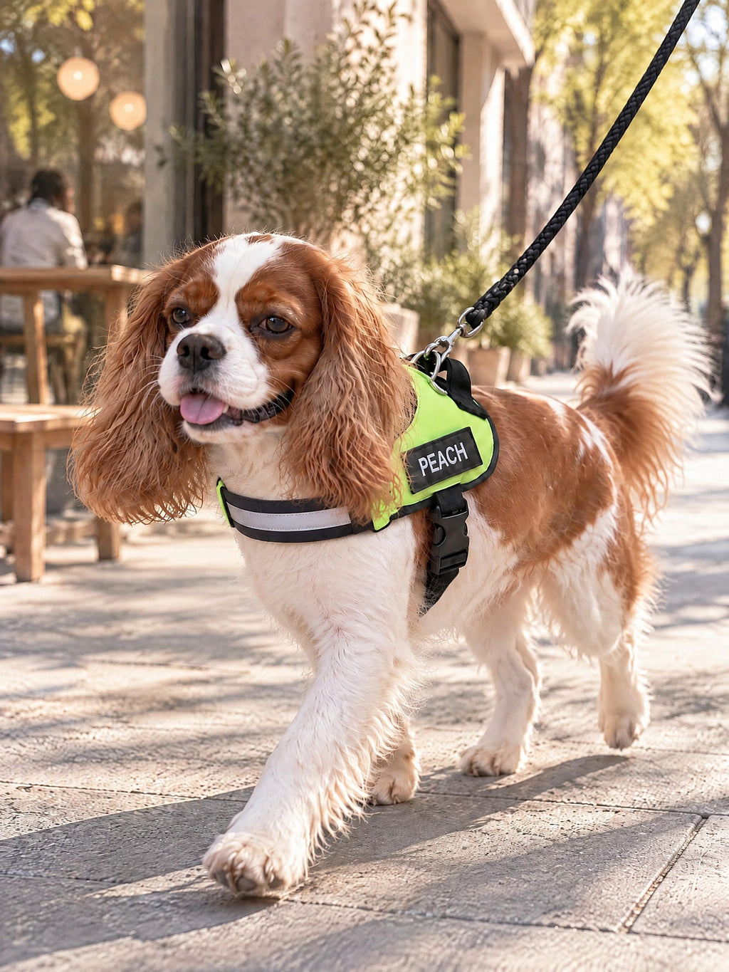 Cavalier trotting down a sunny cafe street in a lime personalized harness named PEACH, rope leash clipped on