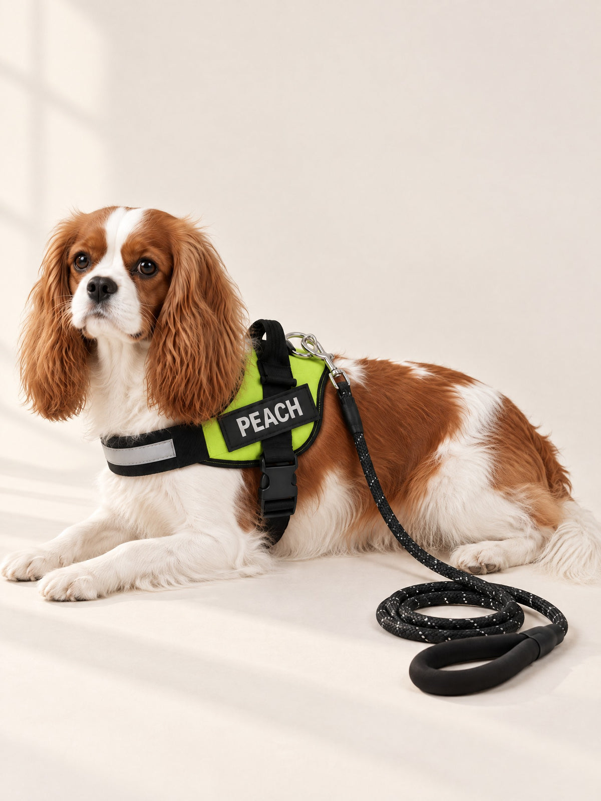 Cavalier lying down in a lime harness with the matching rope leash clipped on