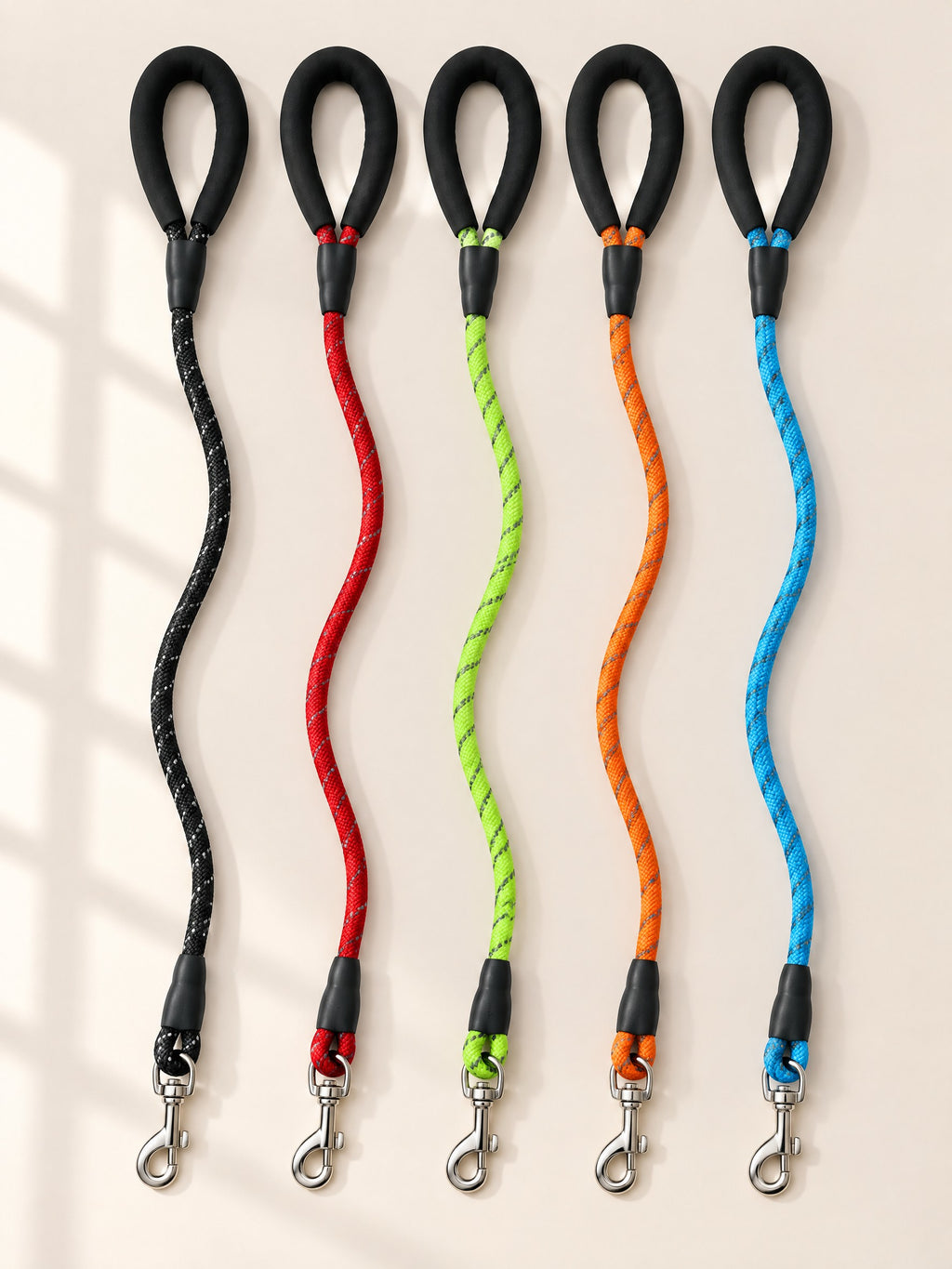 Braided rope leash in five colors: black, red, lime, orange and sky blue