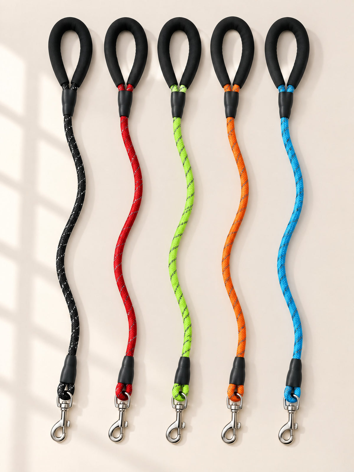 Braided rope leash in five colors: black, red, lime, orange and sky blue