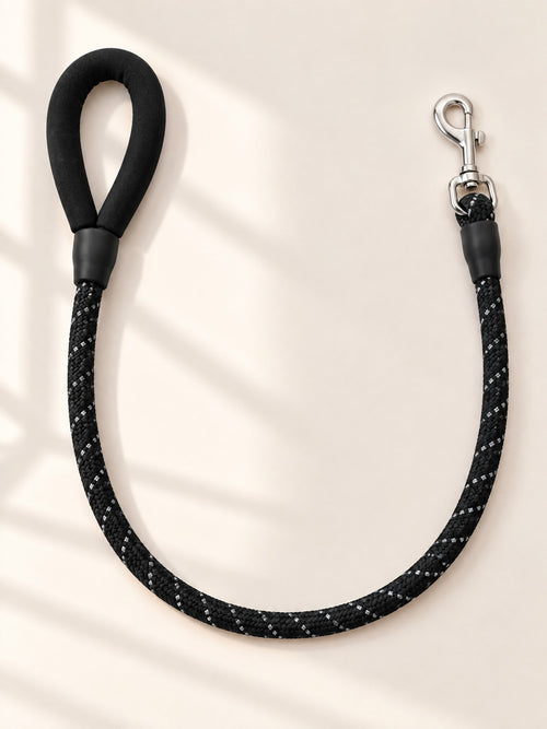 Black braided rope leash with padded handle and metal snap hook