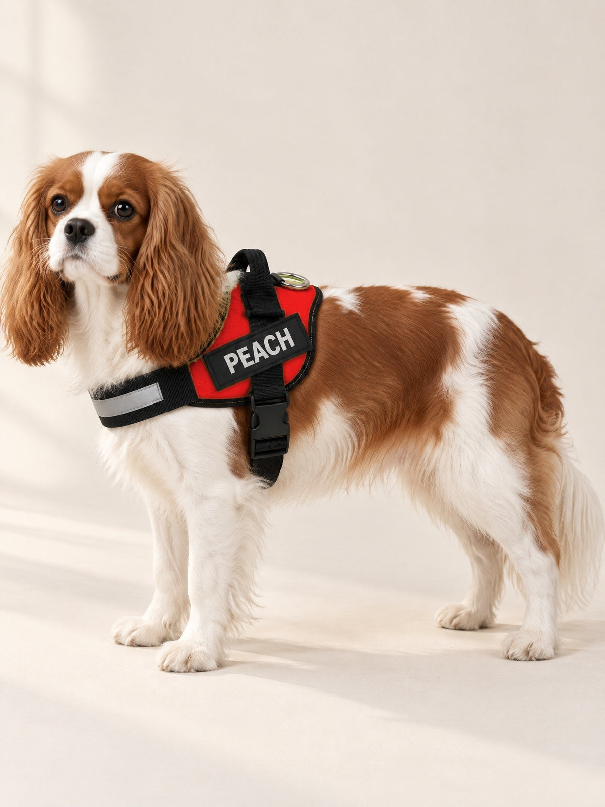 Crimson harness on a Cavalier, name patch PEACH